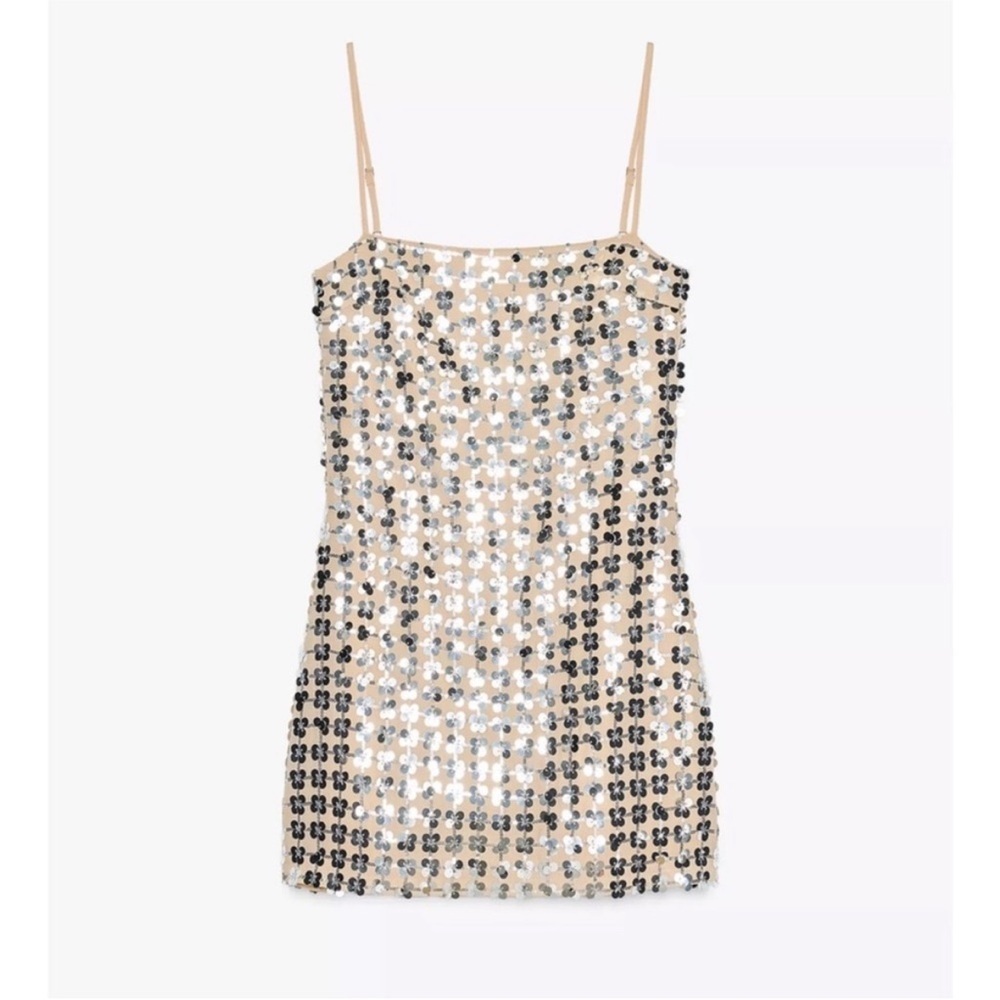 Zara Silver Sequin Beige Square Neck Mini Dress- Small - Picture 2 of 16
